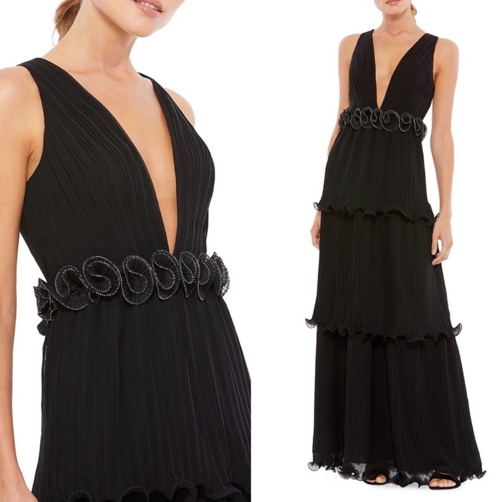 Mac Duggal Rosette Ruffle Layered Roseette Maxi Dress Black #8631 size 14